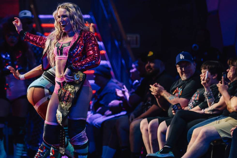 Brittnie Brooks makes her way into the arena at the Luxor Sunday, March 29, 2026, in Las Vegas. ...