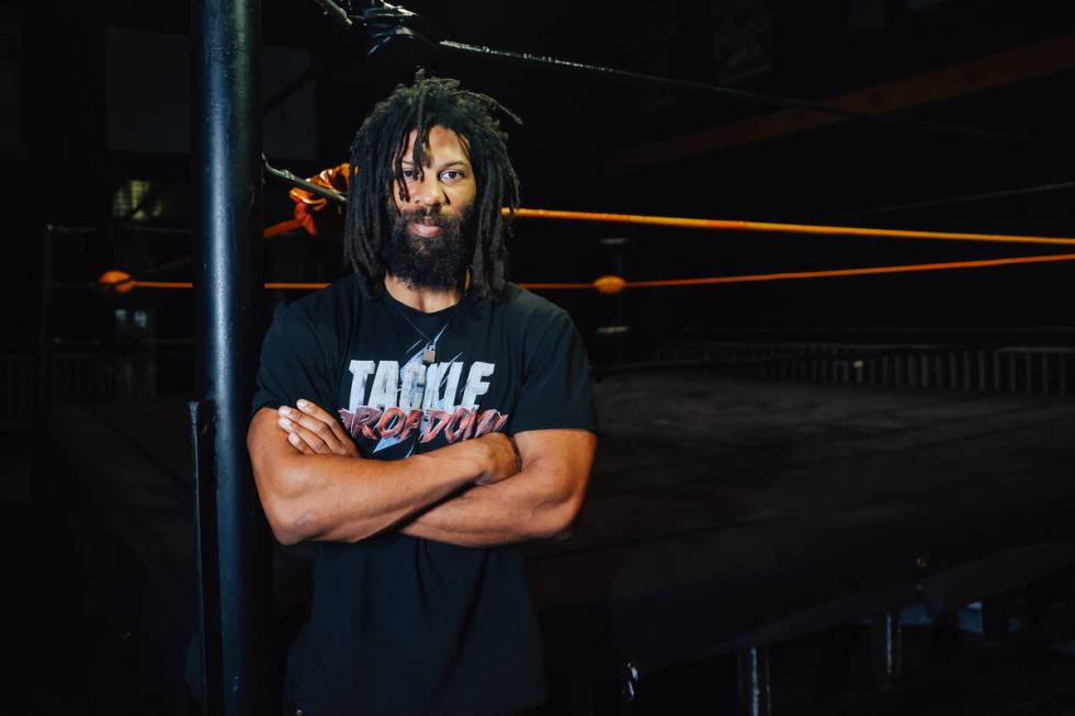 G Sharpe poses for a portrait at Future Stars of Wrestling Wednesday, March 18, 2026, in Las Ve ...