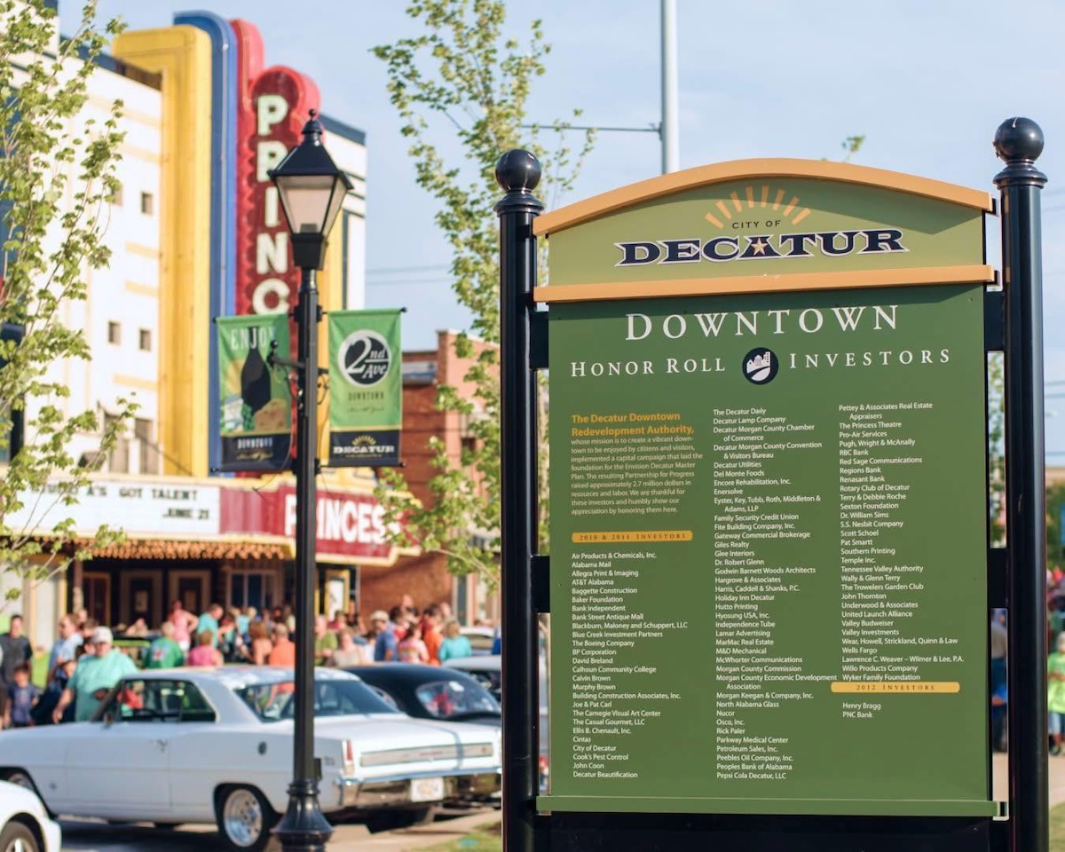FREE Japanese festival in Decatur Friday, May 1 + how to go 5 Downtown Decatur Alabama sign in front of the historic Princess Theatre during a class car show in Decatur, Alabama