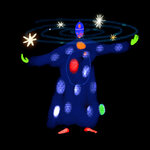 This is an illustration of a person whose arms are outstretched as stars orbit his head.