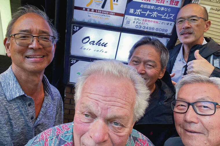 Earl Inouye, Glenn Oeda, Steve Min, Warren Baba and Jim Gieger of Honolulu went sightseeing in Shibuya, Japan, where they spotted a sign for the trendy Oahu Hair Salon. Selfie by Earl Inouye.
