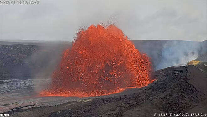 COURTESY USGS
                                This screenshot from a U.S. Geological Survey webcam shows lava fountaining in Kilaueas Halemaumau crater this afternoon.