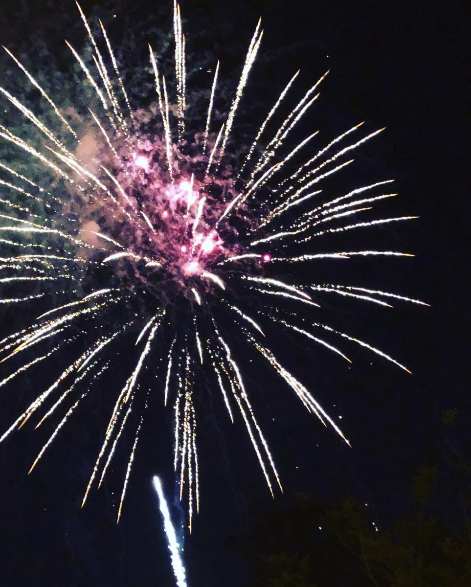 Fireworks bursting in pink and gold against the night sky at Trussville Freedom Fest