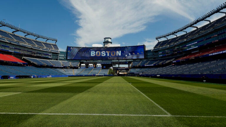 Natural grass on the playing pitch has replaced the synthetic turf that was on the field before. Guided walk though of Gillette Stadium ahead of the first World Cup game being held there on Saturday.