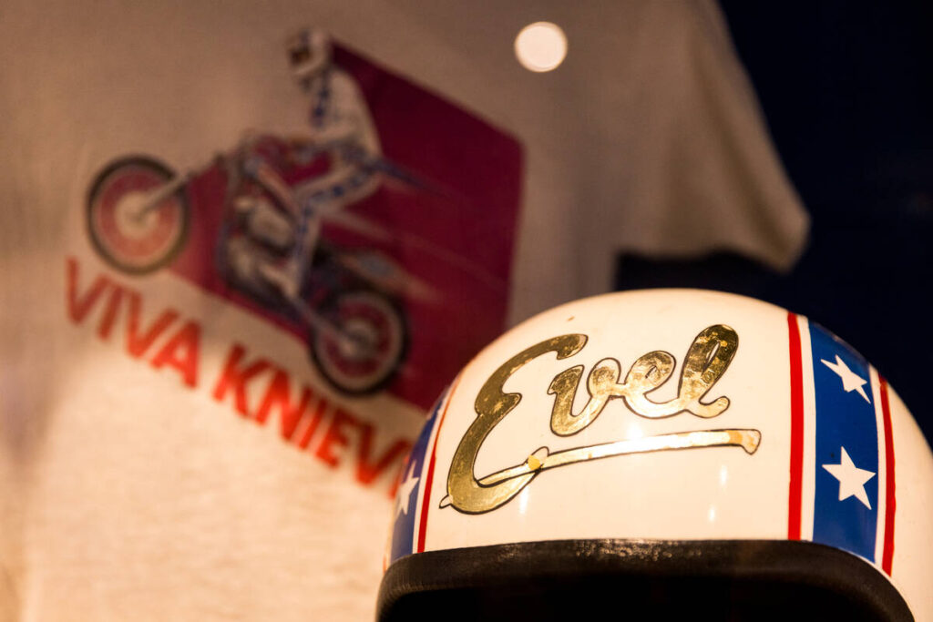 A customized motorcycle helmet on display in the soon-to-open The Evel Knievel Experience on We ...
