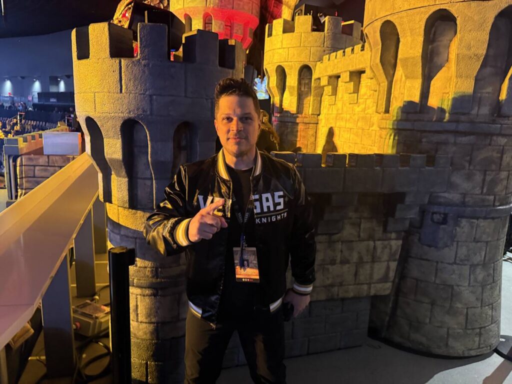 Mark Shunock is shown at the castle at the upper deck of T-Mobile Arena 90 minutes before the s ...