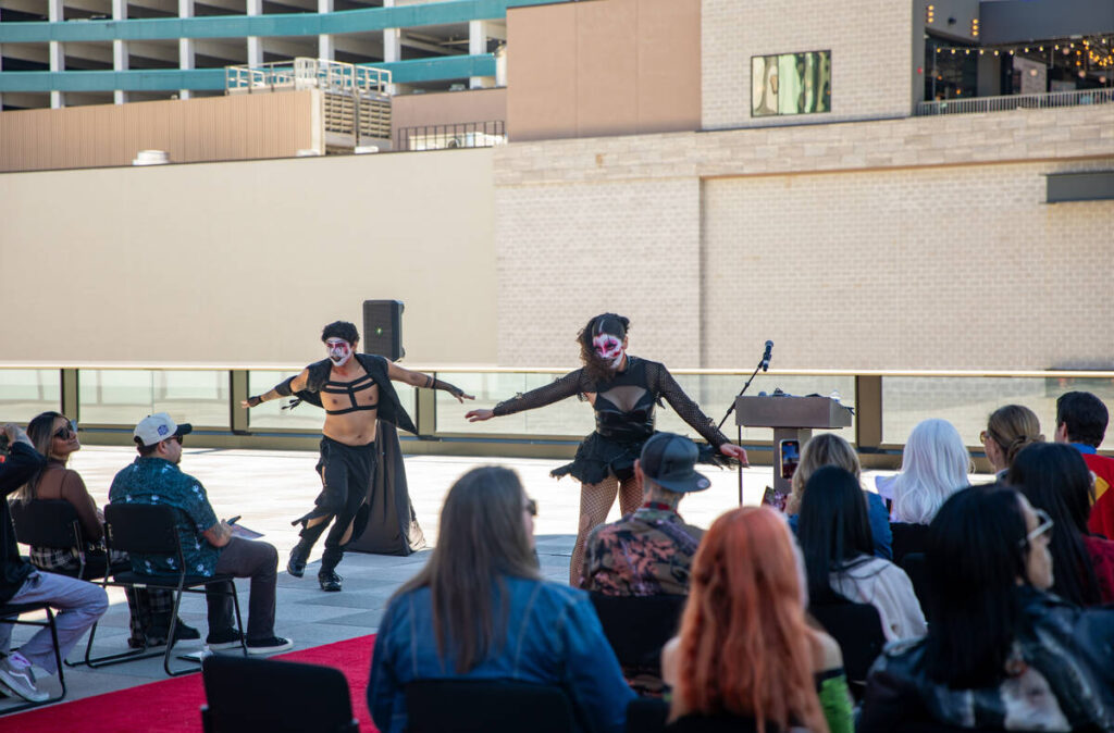 Performers make a surprise appearance during an event announcing HallowScreamCon and HallowScre ...