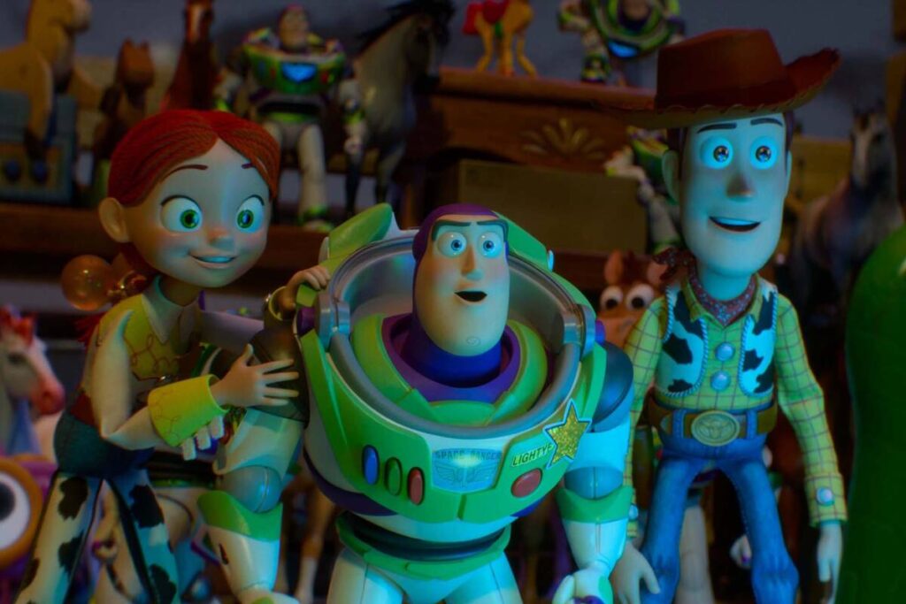 From left: Jessie (voiced by Joan Cusack), Buzz Lightyear (voiced by Tim Allen) and Woody (voic ...