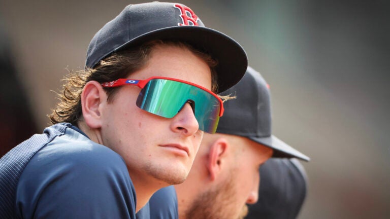Boston Red Sox Roman Anthony watching from his dugout against the Baltimore Orioles during eighth inning MLB action at Fenway Park on Thursday June 4, 2026.