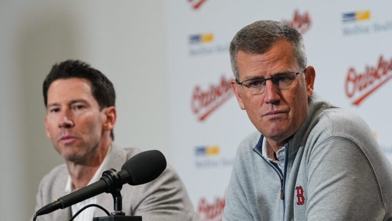 Red Sox President & CEO Sam Kennedy, right, speaks during a press conference with Chief Baseball Officer Craig Breslow, left, Sunday, April 26, 2026, in Baltimore.