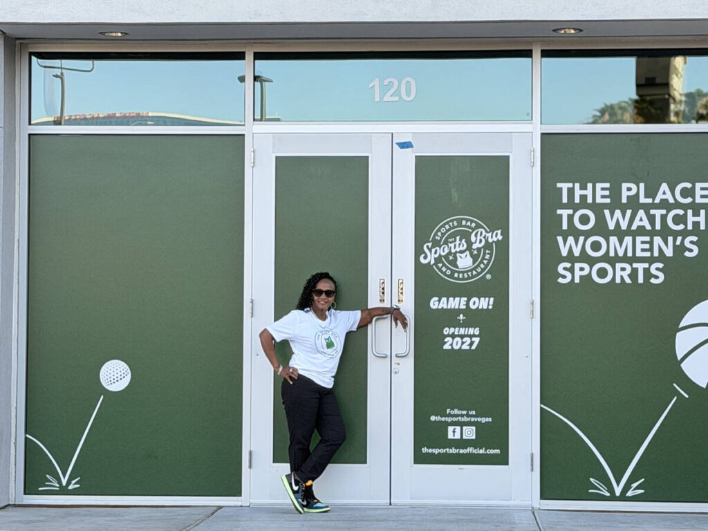 Esther Taylor, owner-franchisee of the Las Vegas location of The Sports Bra, is seen in front o ...