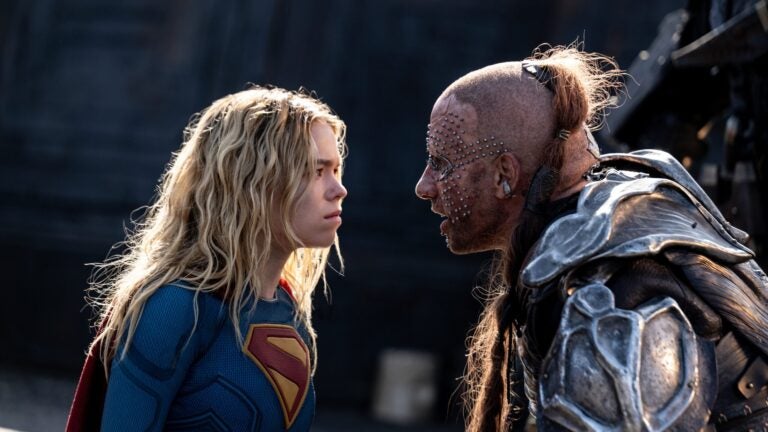 Milly Alcock, left, and Matthias Schoenaerts in a scene from "Supergirl."