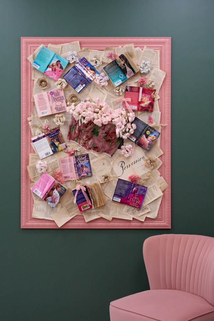 Artwork made of old romance novels and flowers at Bright Side Books and Wine. Photo by Matt Ramey.