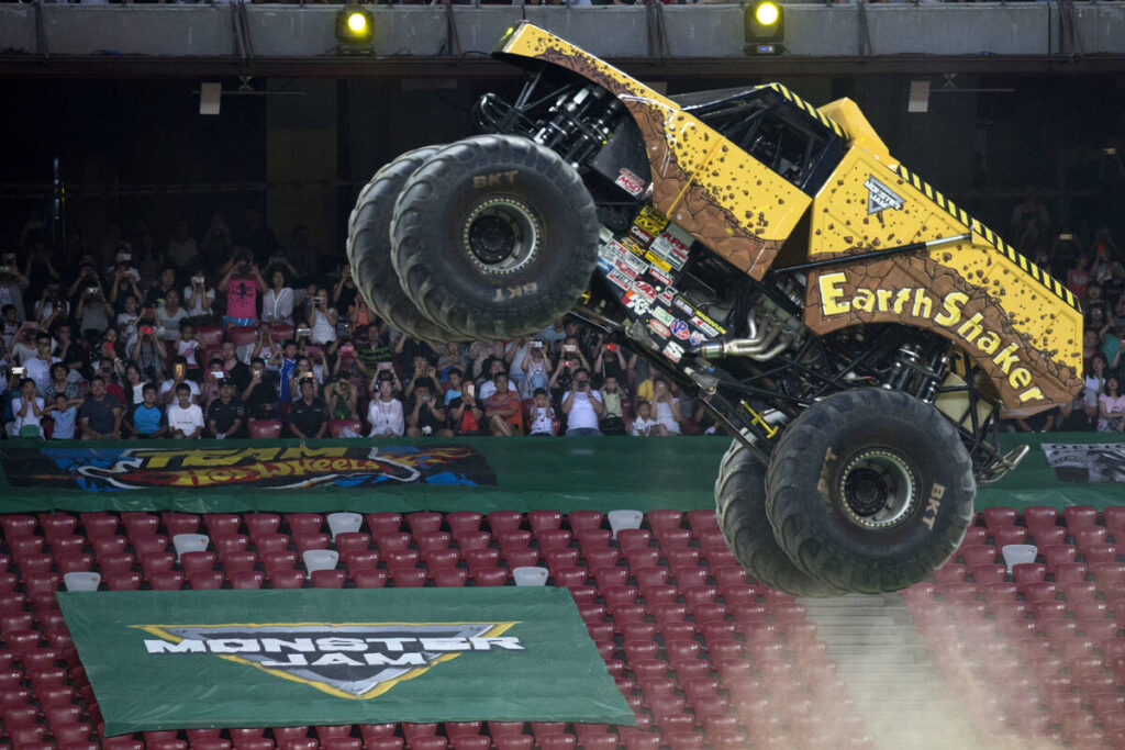 A Monster Jam truck performs during the first-ever monster truck event in Beijing's iconic ...