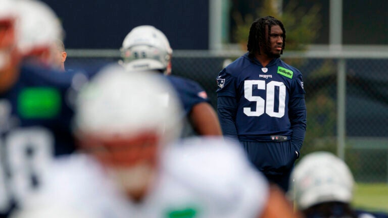 New England Patriots linebacker Gabe Jacas (50) during an NFL football practice, Saturday, May 9, 2026, in Foxborough, Mass.