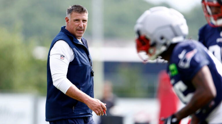 New England Patriots head coach Mike Vrabel on the field during training camp at Gillette Stadium on July 28, 2026 in Foxborough.