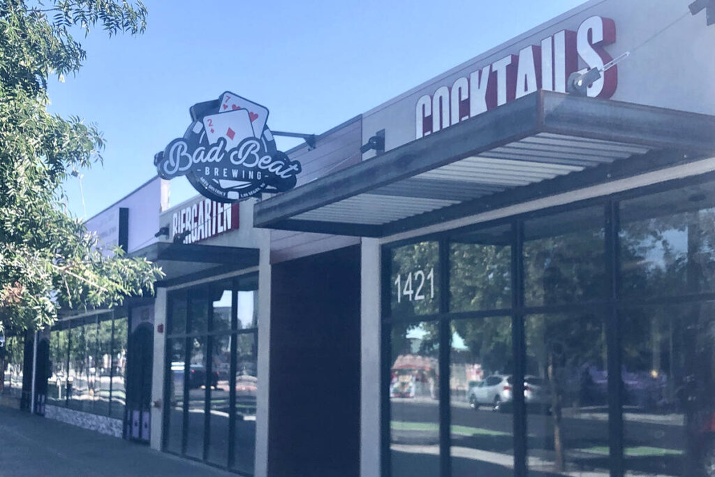 The exterior of Bad Beat Brewing is seen on July 22, 2025, in downtown Las Vegas. (Johnathan L. ...