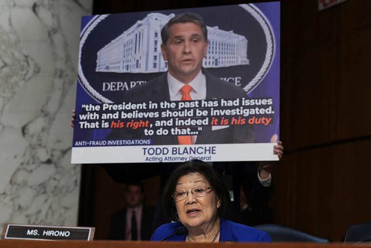 REUTERS/EVELYN HOCKSTEIN
                                U.S. Sen. Mazie Hirono (D-HI), a member of the Senate Judiciary Committee, speaks during Acting U.S. Attorney General Todd Blanches Senate Judiciary Committee confirmation hearing on his nomination to be attorney general, on Capitol Hill in Washington, D.C.