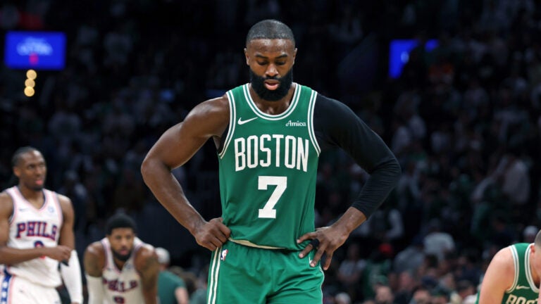 Boston Celtics' Jaylen Brown is pictured during the final minutes of Game 7 in a first-round NBA basketball playoffs series, Saturday, May 2, 2026 in Boston.