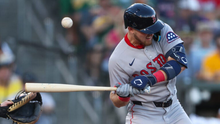Boston Red Sox's Curtis Mead is hit by a pitch during the fourth inning of a baseball game against the Athletics, Monday, July 27, 2026, in West Sacramento, Calif.