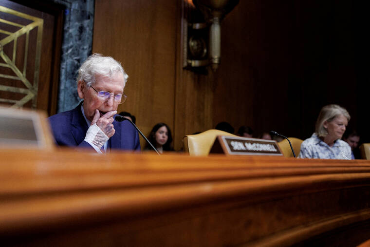 REUTERS/TOM BRENNER / MAY 19
                                U.S. Senate Appropriations Subcommittee on Defense Chair Sen. Mitch McConnell (R-KY) speaks during a hearing on Capitol Hill in Washington, D.C.