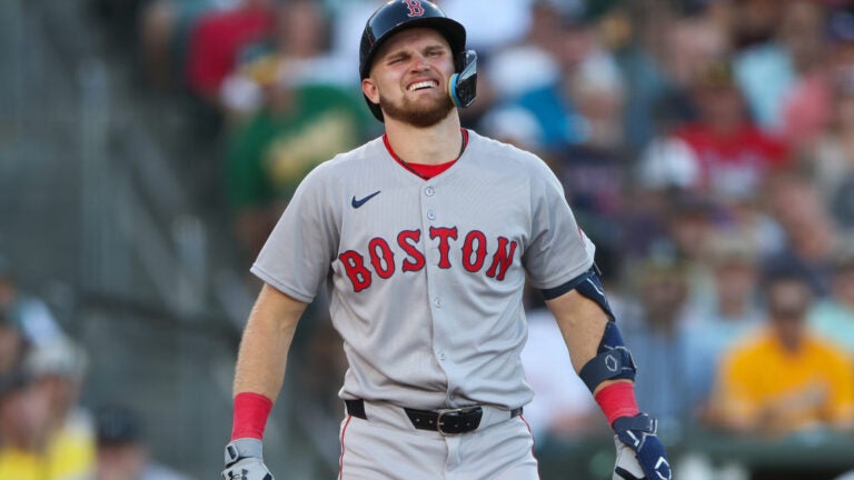 Boston Red Sox's Curtis Mead reacts after being hit by a pitch during the fourth inning of a baseball game against the Athletics, Monday, July 27, 2026, in West Sacramento, Calif.