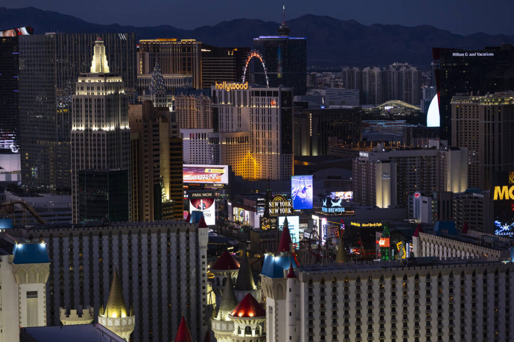 The Las Vegas Strip is seen from Skyfall Lounge at the W Las Vegas on Thursday, March 5, 2026, ...