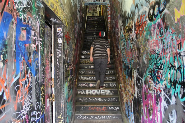 The stairs leading up to Cosmic Cantina in Durham. Photo by Lena Geller.