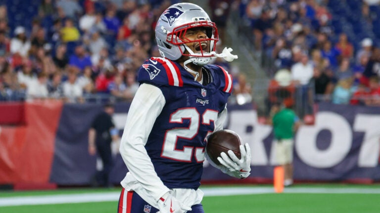 New England Patriots defensive back John Saunders Jr. (23) celebrates his interception against the Indianapolis Coltsduring the second half of an NFL preseason football game, Thursday, Aug. 13, 2026, in Foxborough, Mass.