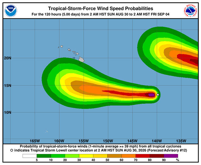 COURTESY CPHC
                                This graphic shows the wind-forecast map for Tropical Storm Lowell as of this morning. The outer end of the wind forecast for Hurricane Karina in the East Pacific is seen in the upper-right corner.