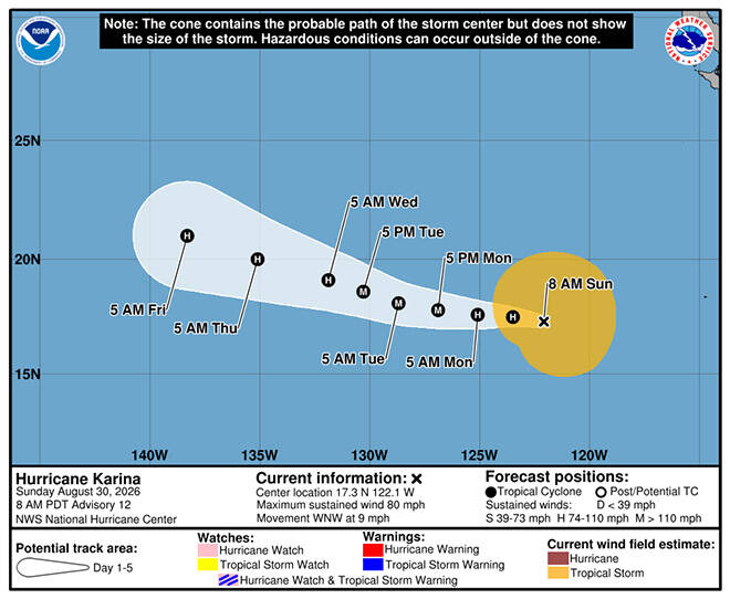 COURTESY NHC
                                The five-day forecast map of Hurricane Karina as of 5 a.m. today