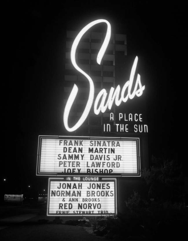 Sands marquee featuring Frank Sinatra, Dean Martin, Sammy Davis Jr., Peter Lawford, and Joey Bi ...