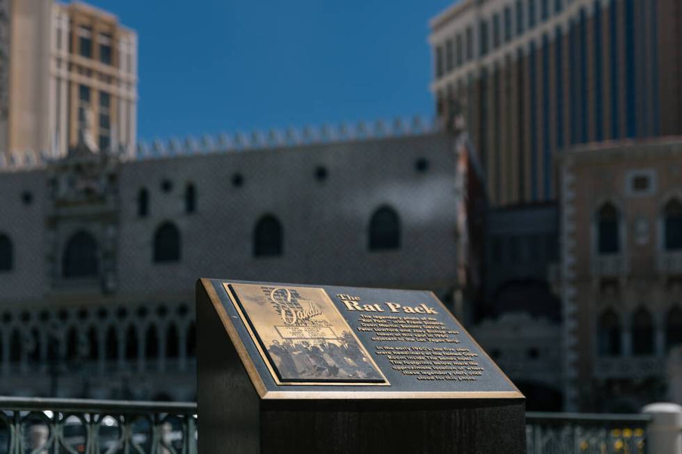 A plaque commemorates the Rat Pack outside the Venetian on Friday, Aug. 21, 2026, along Las Veg ...