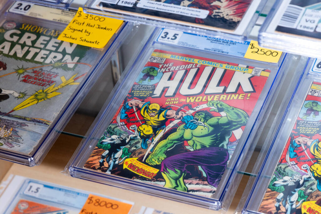 A Hulk comic is seen in a glass case at the Cosmic Comics! comic book store on Sunday, July 26, ...