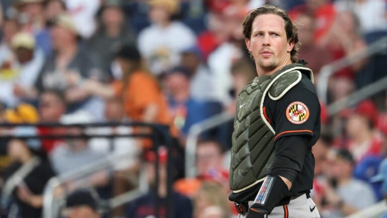 Baltimore Orioles catcher Adley Rutschman looks on during a baseball game against the Washington Nationals, Saturday, May 16, 2026, in Washington.