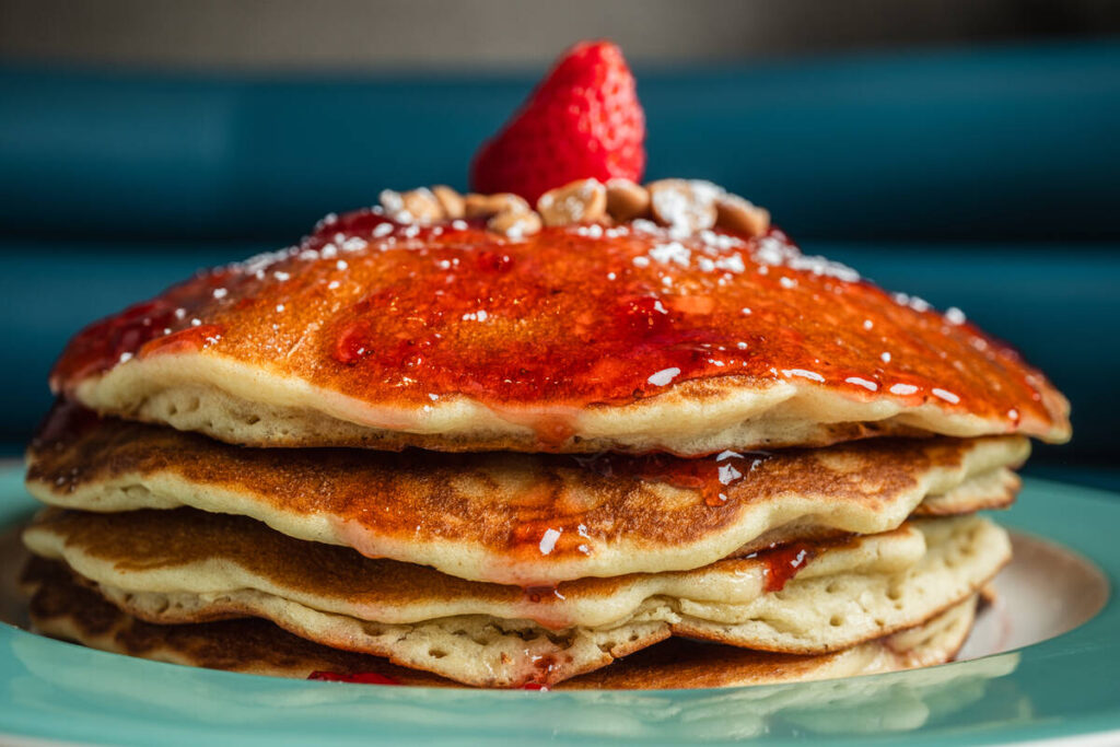 PB & J pancakes from America, the 24-hour restaurant in New York-New York on the Las Vegas Stri ...