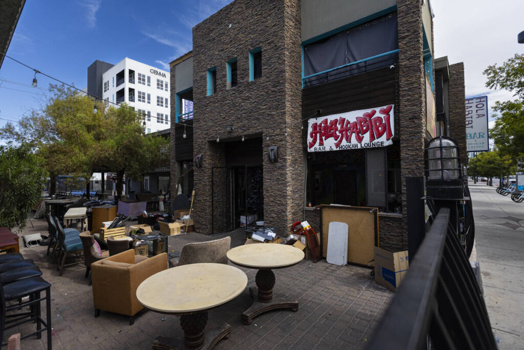 The shuttered Hola Habibi bar and hookah lounge is seen on Thursday, Aug. 6, 2026, in Las Vegas ...