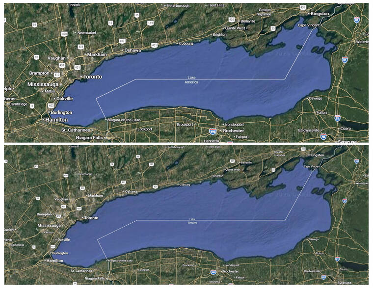 GOOGLE/HANDOUT VIA REUTERS
                                Maps showing the names Lake America (top), viewable only to U.S.-based users and Lake Ontario (bottom), viewable only to Canada-based viewers, that appear on Google Maps pages of the service Aug. 30, after President Donald Trump announced that he was changing the name of the smallest of the five Great Lakes, in a combination of screenshots.