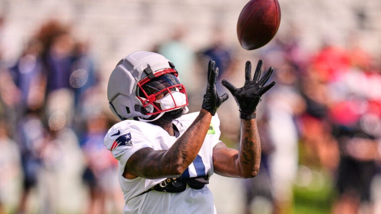 New England Patriots wide receiver Kayshon Boutte (9) during the team's NFL football training camp, Friday, July 31, 2026, in Foxborough, Mass.