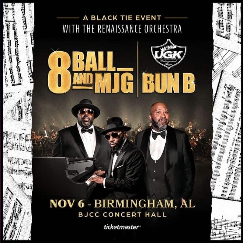 Poster for "A Black Tie Event" with the Renaissance Orchestra featuring 8Ball and MJG and UGK's Bun B, Nov 6 at BJCC Concert Hall in Birmingham, AL, tickets via Ticketmaster