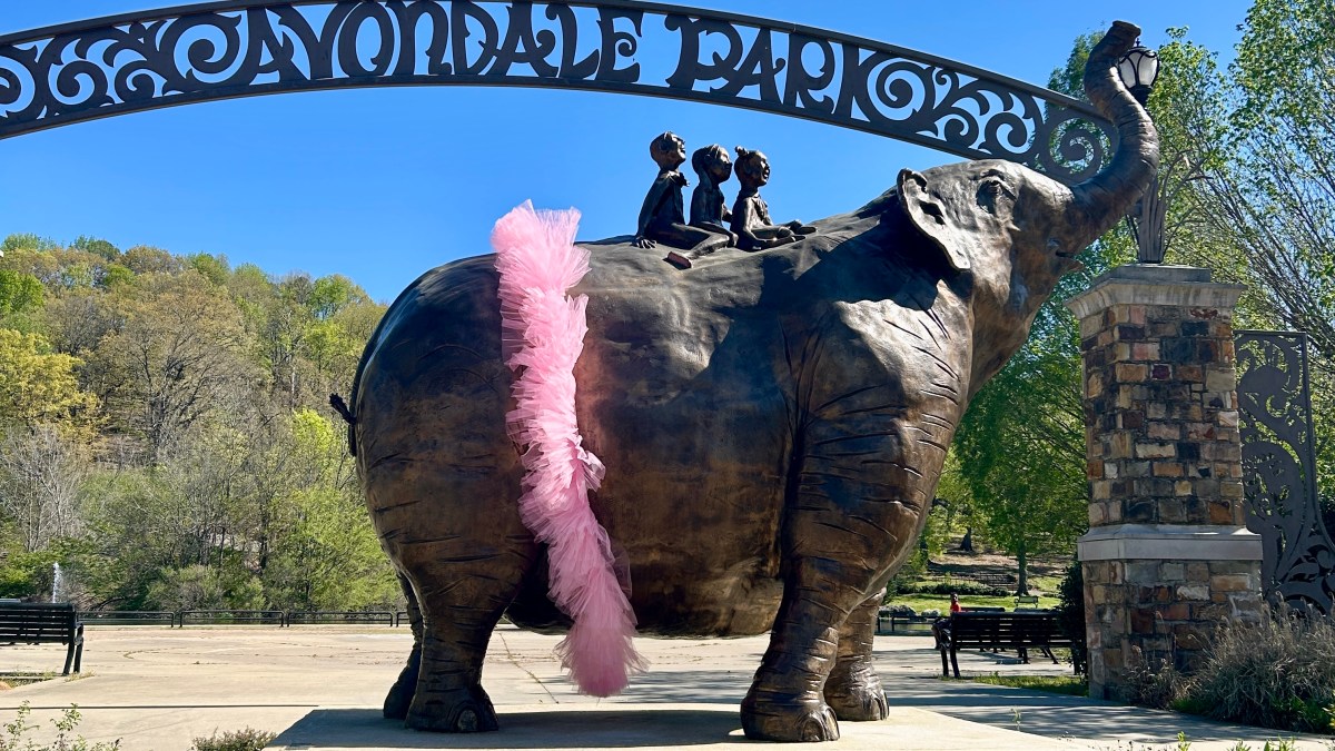 Miss Fancy elephant statue wearing tutu at Avondale Park