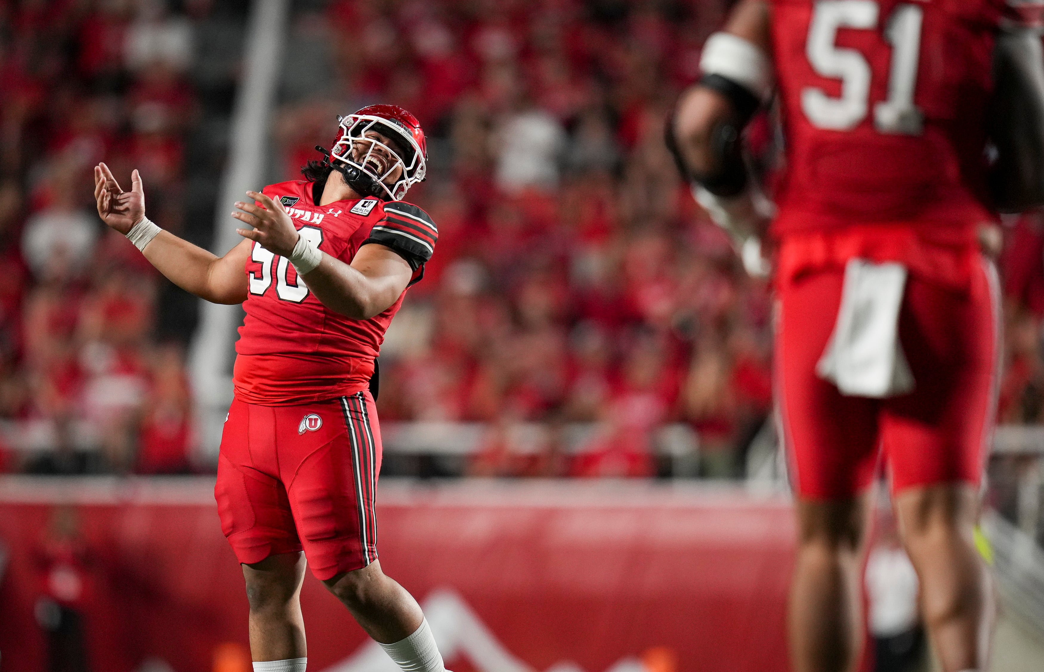 (Bethany Baker  |  The Salt Lake Tribune) Utah Utes defensive tackle Jireh Moe (90) reacts after a play during the game between the Utah Utes and the Arkansas Razorbacks in Salt Lake City on Saturday, Sept. 12, 2026.