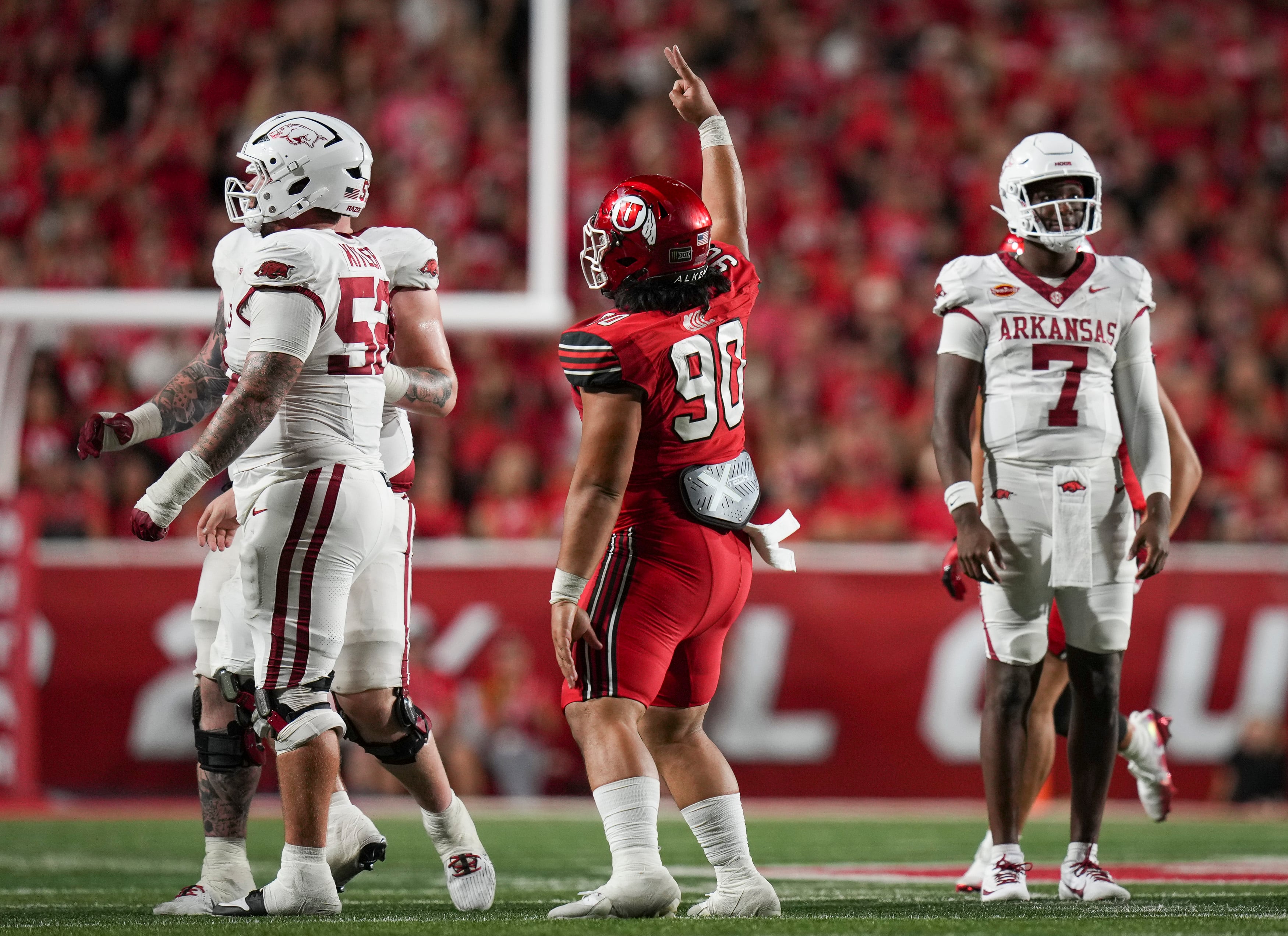 (Bethany Baker  |  The Salt Lake Tribune) Utah Utes defensive tackle Jireh Moe (90) reacts during the game between the Utah Utes and the Arkansas Razorbacks in Salt Lake City on Saturday, Sept. 12, 2026.