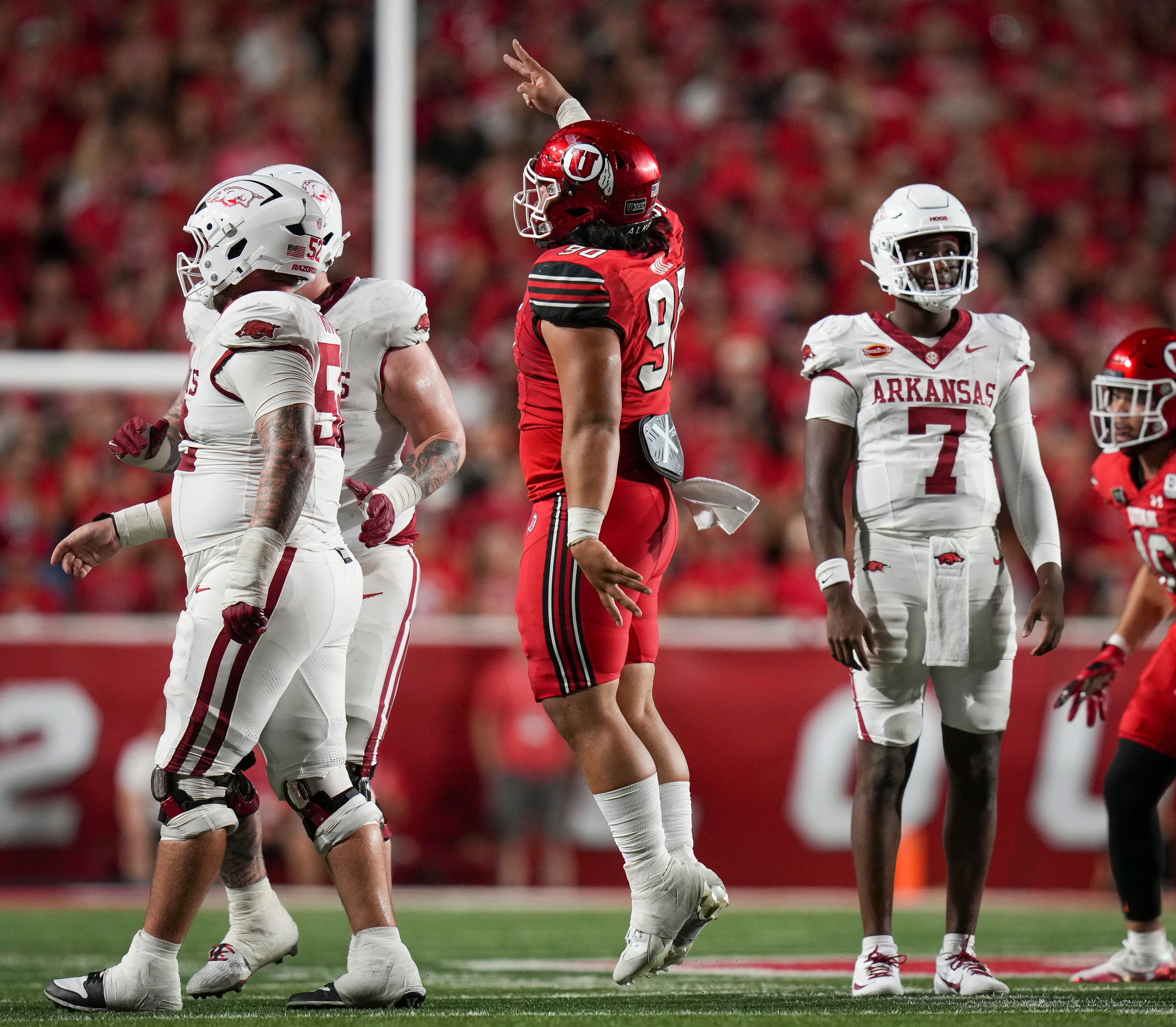 (Bethany Baker  |  The Salt Lake Tribune) Utah Utes defensive tackle Jireh Moe (90) reacts during the game between the Utah Utes and the Arkansas Razorbacks in Salt Lake City on Saturday, Sept. 12, 2026.