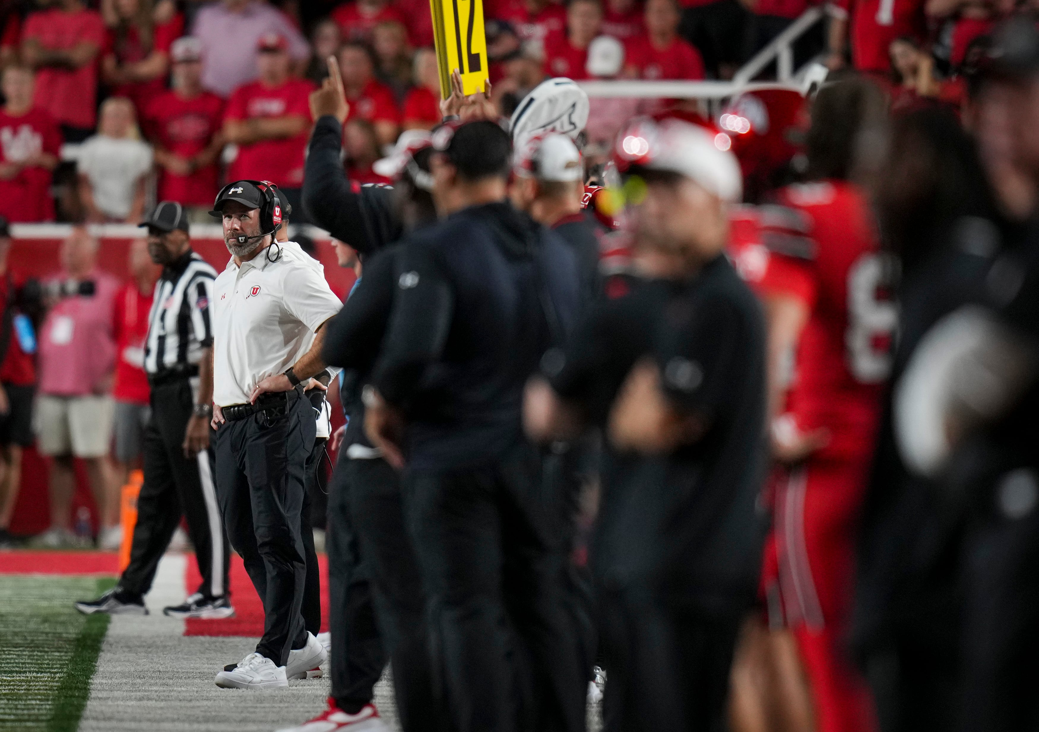 (Bethany Baker  |  The Salt Lake Tribune) Utah Utes head coach Morgan Scalley watches from the sideline during the game between the Utah Utes and the Arkansas Razorbacks in Salt Lake City on Saturday, Sept. 12, 2026.