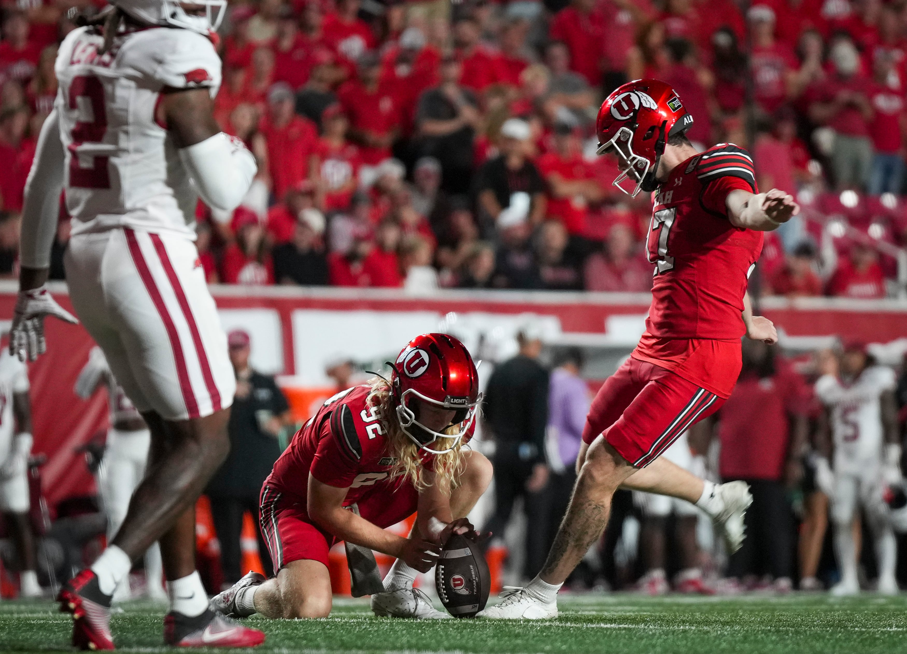 (Bethany Baker  |  The Salt Lake Tribune) Utah Utes kicker Dillon Curtis (17) kicks a field goal during the game between the Utah Utes and the Arkansas Razorbacks in Salt Lake City on Saturday, Sept. 12, 2026.
