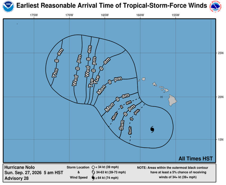 COURTESY CPHC
                                The tropical storm-force wind arrival time forecast for Hurricane Nolo as of this morning