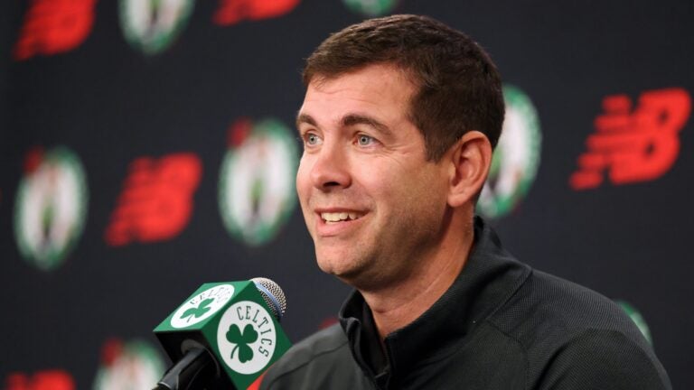 President of basketball operations Brad Stevens speaks at a news conference during the Boston Celtics NBA basketball media day, Sept. 29, 2025, in Boston.