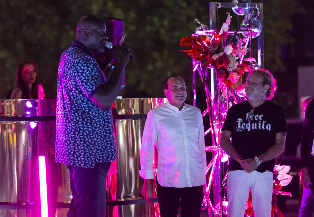 Basketball legend Shaq, left, speaks alongside Chef Jean-Georges Vongerichten and Sammy Hagar d ...