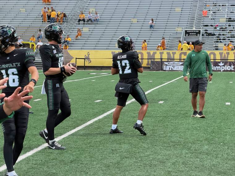 STAR-ADVERTISER
                                The Hawaii football team went through warm ups today at Jonah Field at War Memorial Stadium.